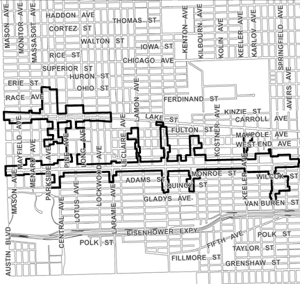 Madison/Austin TIF district, roughly bounded on the north by Erie Street, Van Buren Street on the south, Hamlin Boulevard on the east, and Austin Boulevard on the west.